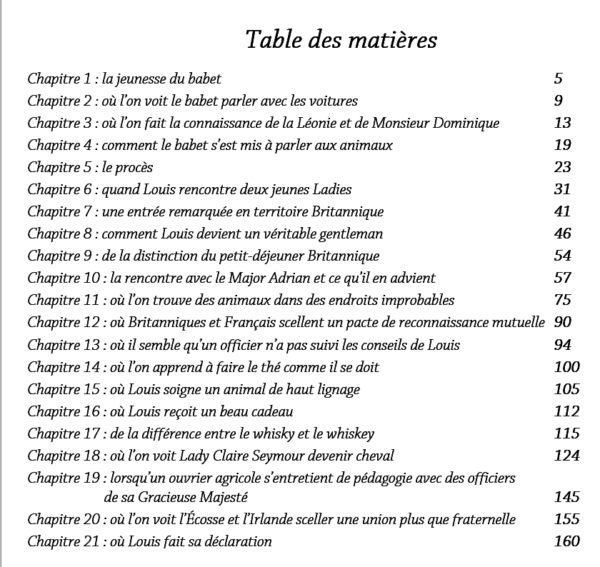 Table des matières livre les chevaux, le babet et la jeune Lady Jean Dominique ZANUS